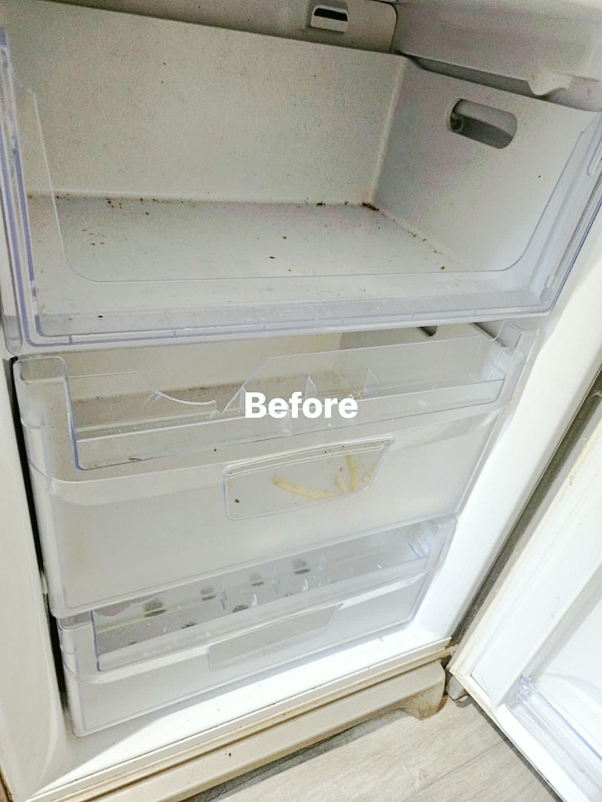 Before: Empty freezer drawers cleaned